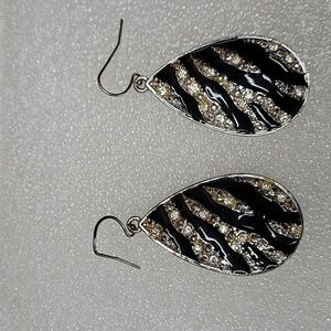 Black Enamel Rhinestone Silver Teardrop Dangle  Earrings